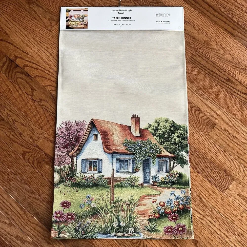 EMME Jacquard Gobelin Tapestry Table Runner 18x63 in Cottage Garden New